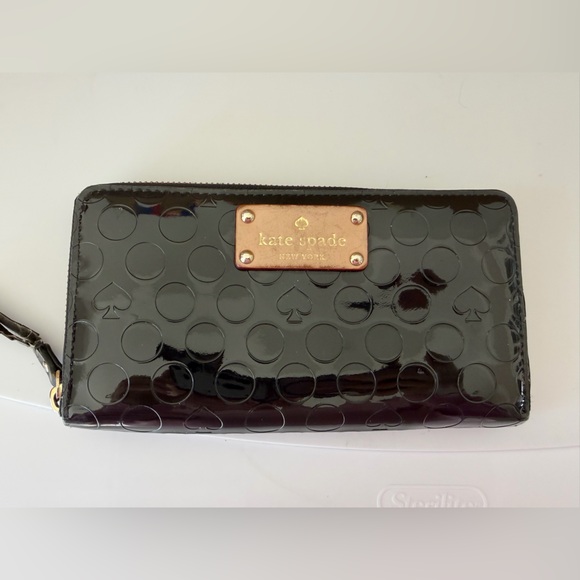 kate spade Handbags - kate spade rose gold patent leather wallet with black patent trim